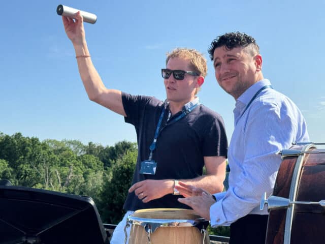 Mr Carpenter and Mr Pozzuto having fun playing the percussion instruments at the Summer Concert