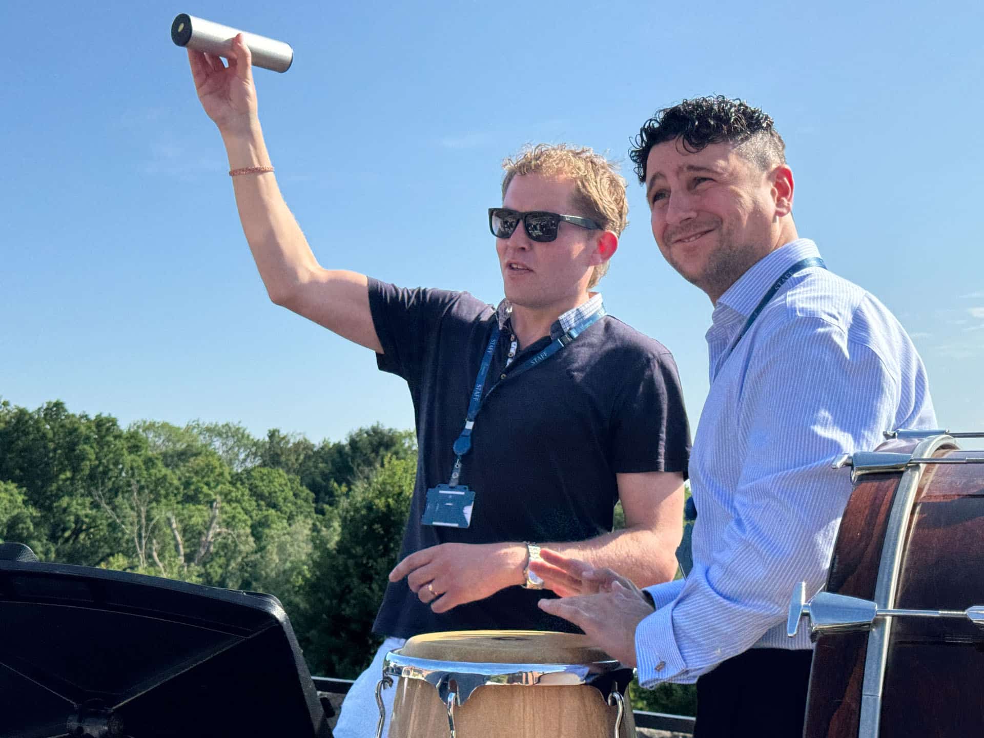 Mr Carpenter and Mr Pozzuto having fun playing the percussion instruments at the Summer Concert
