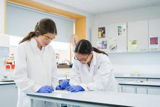 Female Sixth Form student conducting an experiment on Chemistry Day.